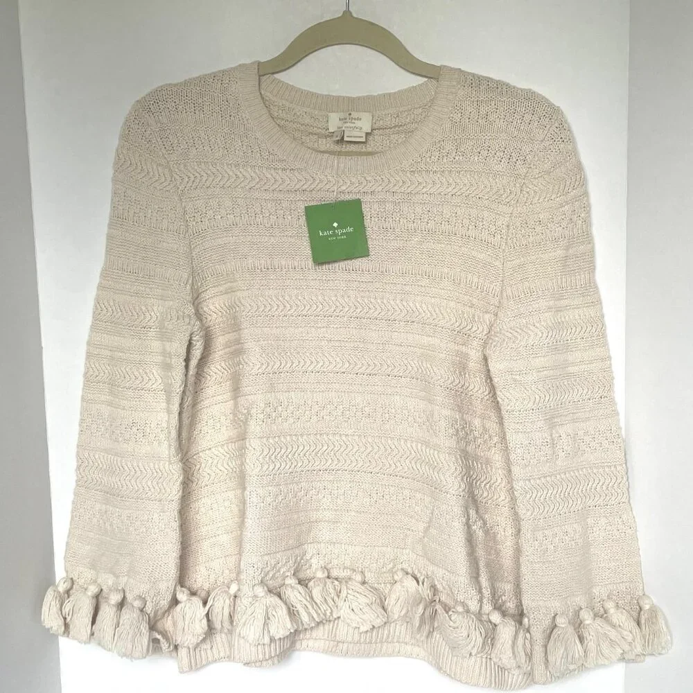 Kate Spade Womens Medium Beige Cotton Chunky Knit Sweater Pompom Hem Crewneck